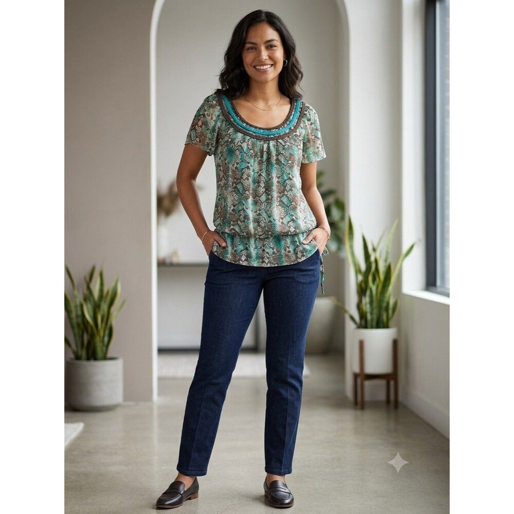 Erin B. Snakeskin Print Blouse With a Distinct Boho Braided neckline Size L